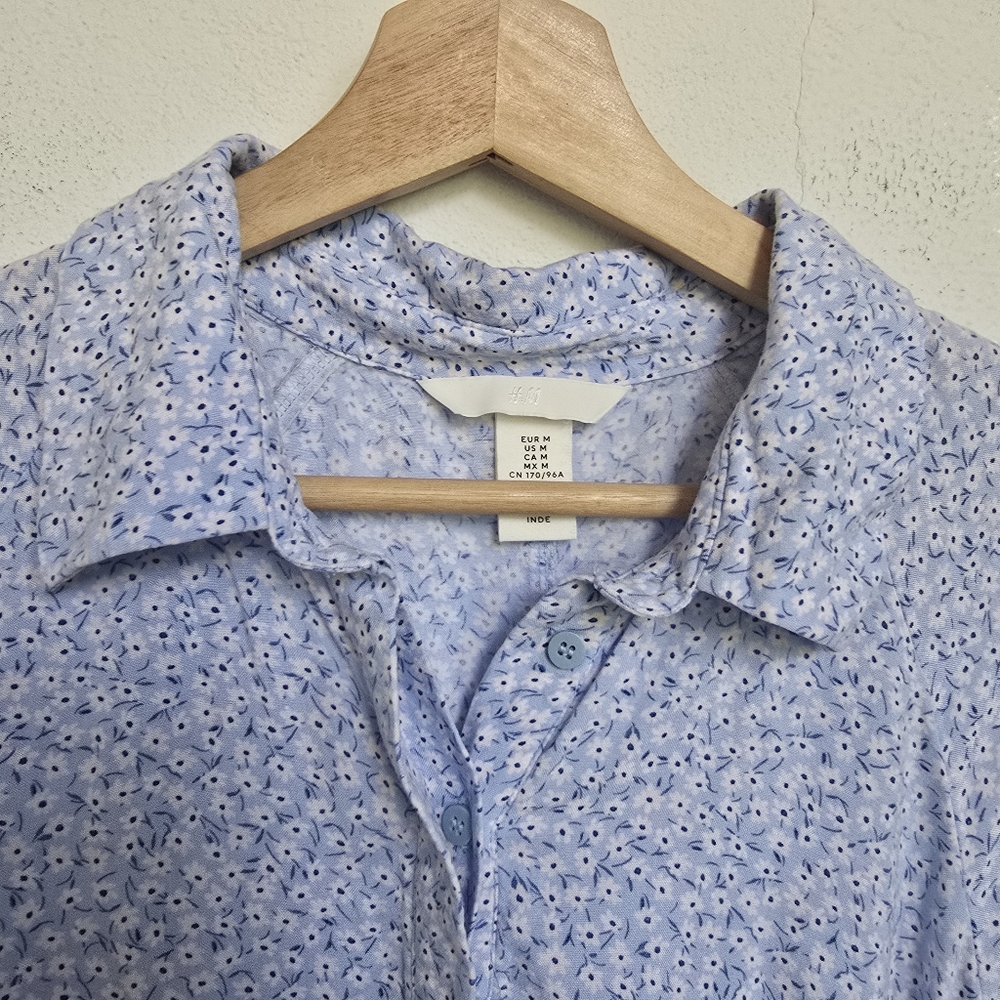 H&M Blue Floral Midi Dress Viscose Collared Long Sleeve Shirt Dress M - Picture 12 of 17